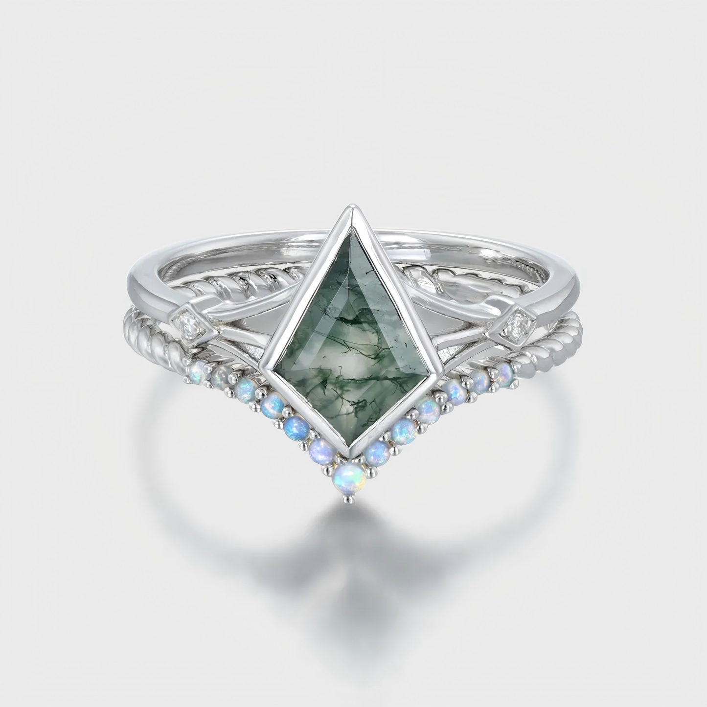 Unique Kite Cut Green Moss Agate Engagement Ring Set – White Gold Opal Wedding Band for Women