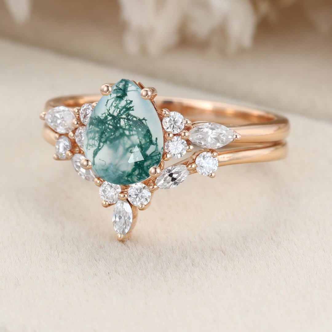 Unique moss agate engagement ring set vintage Rose gold marquise moissanite engagement ring V shaped curved wedding Anniversary gift for her