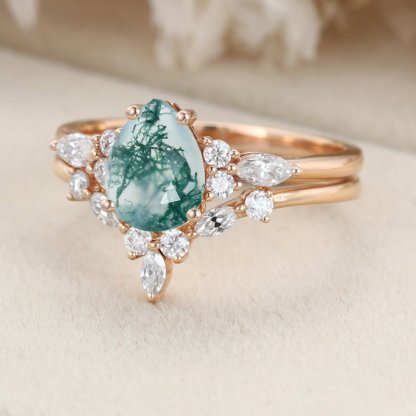 Unique moss agate engagement ring set vintage Rose gold marquise moissanite engagement ring V shaped curved wedding Anniversary gift for her