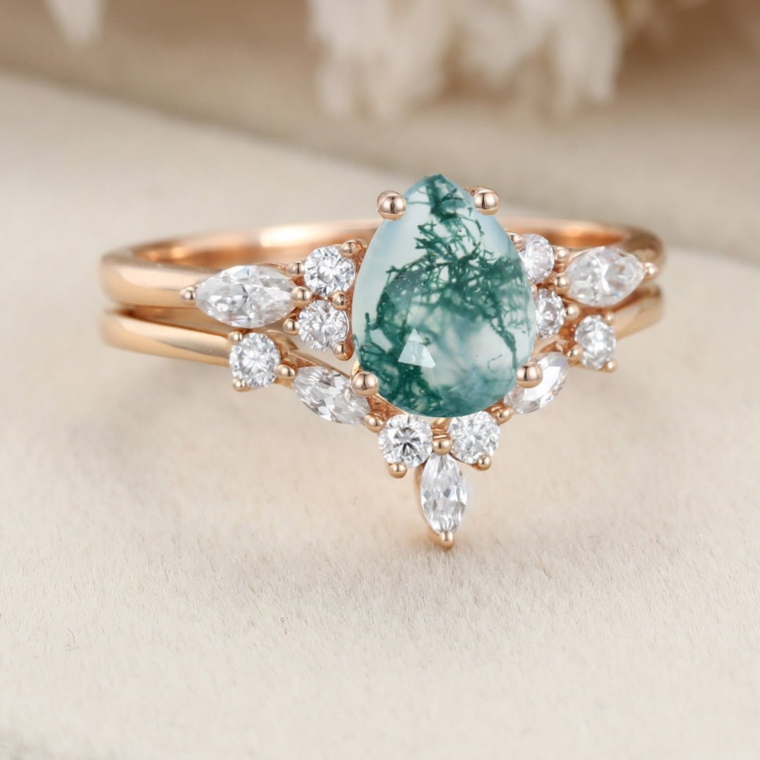 Unique moss agate engagement ring set vintage Rose gold marquise moissanite engagement ring V shaped curved wedding Anniversary gift for her