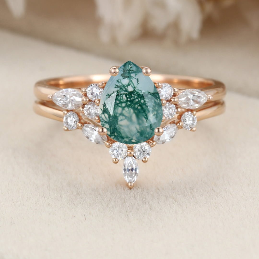 Unique moss agate engagement ring set vintage Rose gold marquise moissanite engagement ring V shaped curved wedding Anniversary gift for her