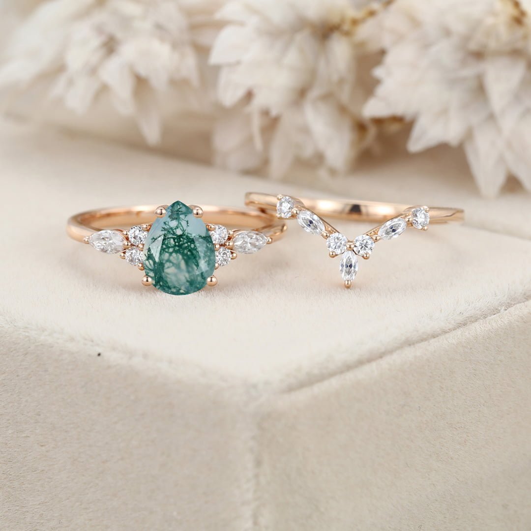 Unique moss agate engagement ring set vintage Rose gold marquise moissanite engagement ring V shaped curved wedding Anniversary gift for her
