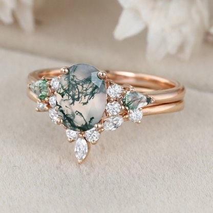 Unique oval moss agate engagement ring set vintage 18K yellow gold marquise moissanite diamond curved wedding band Promise Anniversary Gift