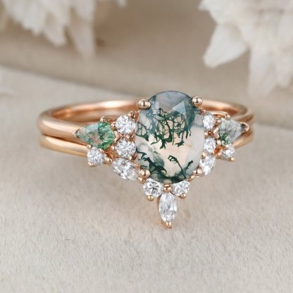 Unique oval moss agate engagement ring set vintage 18K yellow gold marquise moissanite diamond curved wedding band Promise Anniversary Gift