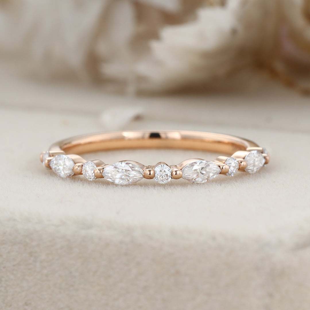 Unique wedding band marquise cut Natural Diamond Moissanite band Vintage Rose gold half eternity Bridal Matching Stacking band Anniversary