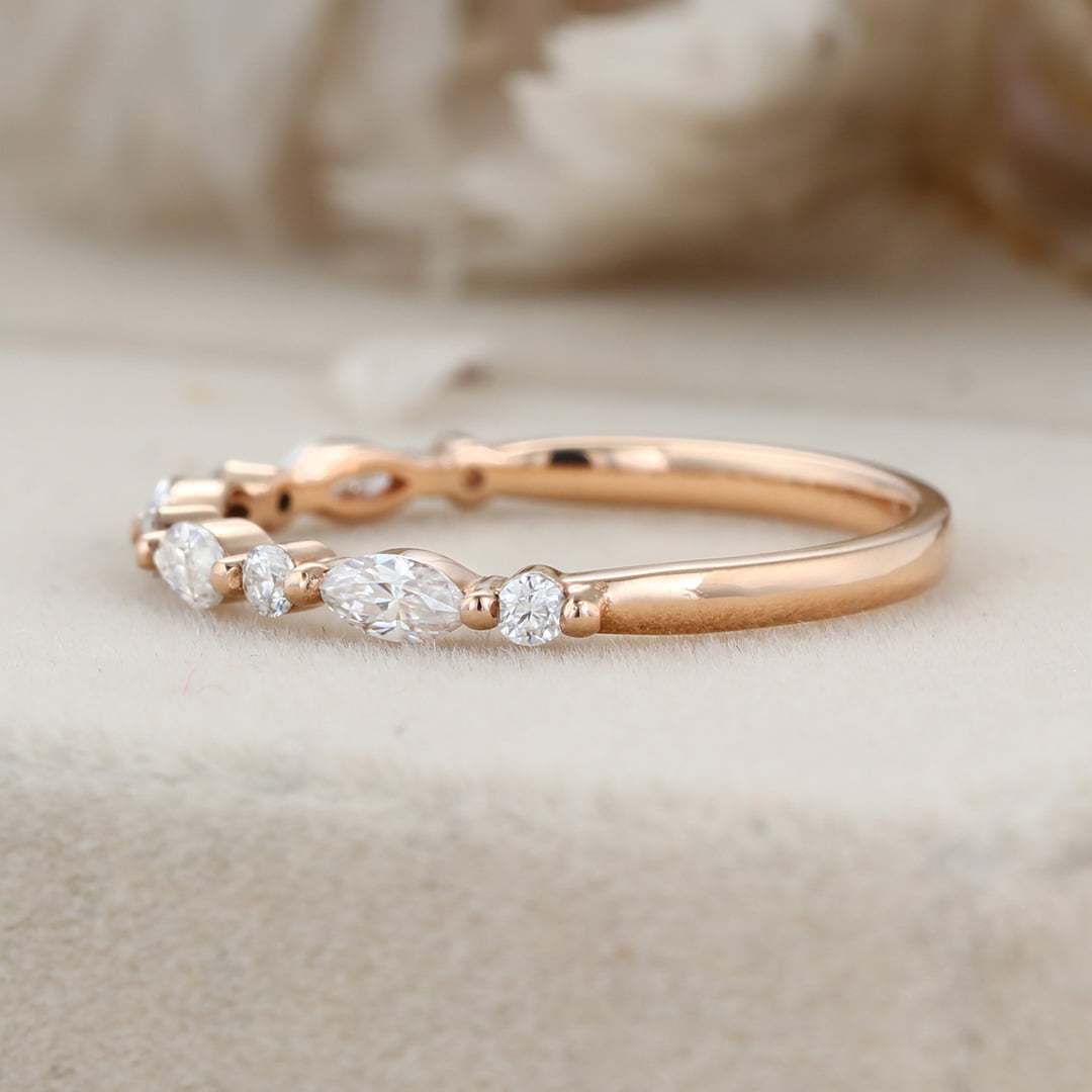 Unique wedding band marquise cut Natural Diamond Moissanite band Vintage Rose gold half eternity Bridal Matching Stacking band Anniversary