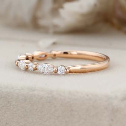 Unique wedding band marquise cut Natural Diamond Moissanite band Vintage Rose gold half eternity Bridal Matching Stacking band Anniversary