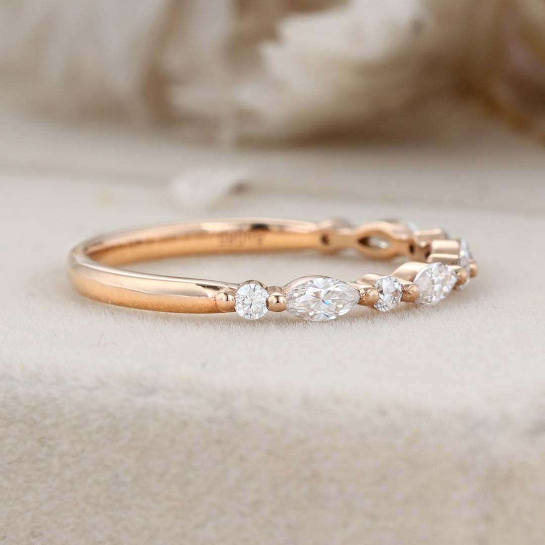 Unique wedding band marquise cut Natural Diamond Moissanite band Vintage Rose gold half eternity Bridal Matching Stacking band Anniversary
