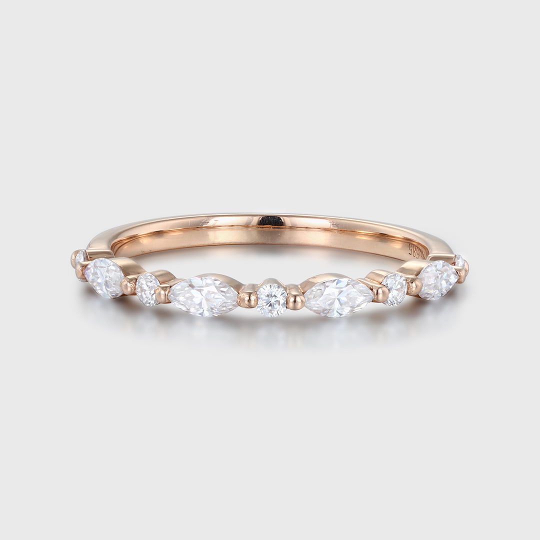 Unique wedding band marquise cut Natural Diamond Moissanite band Vintage Rose gold half eternity Bridal Matching Stacking band Anniversary