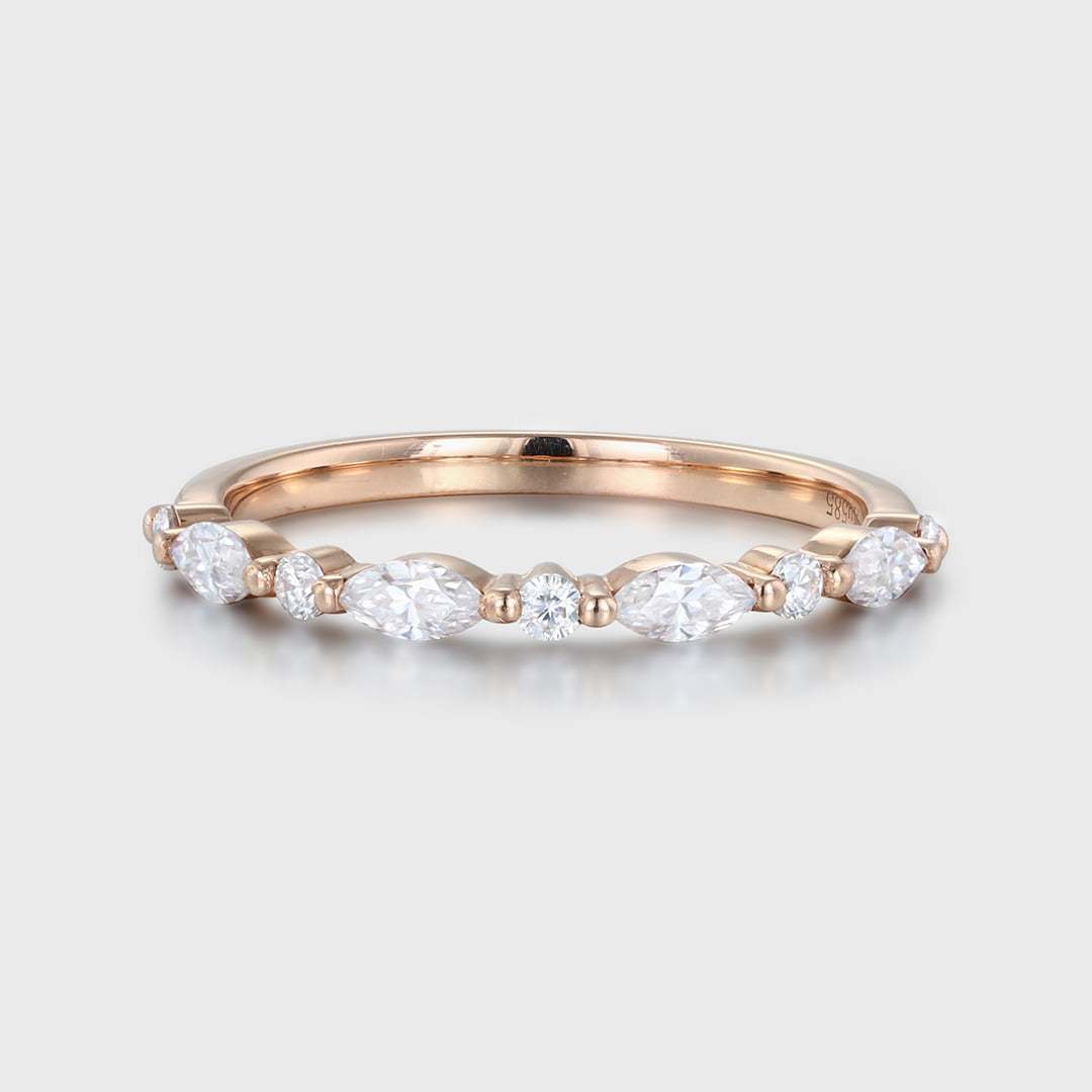 Unique wedding band marquise cut Natural Diamond Moissanite band Vintage Rose gold half eternity Bridal Matching Stacking band Anniversary