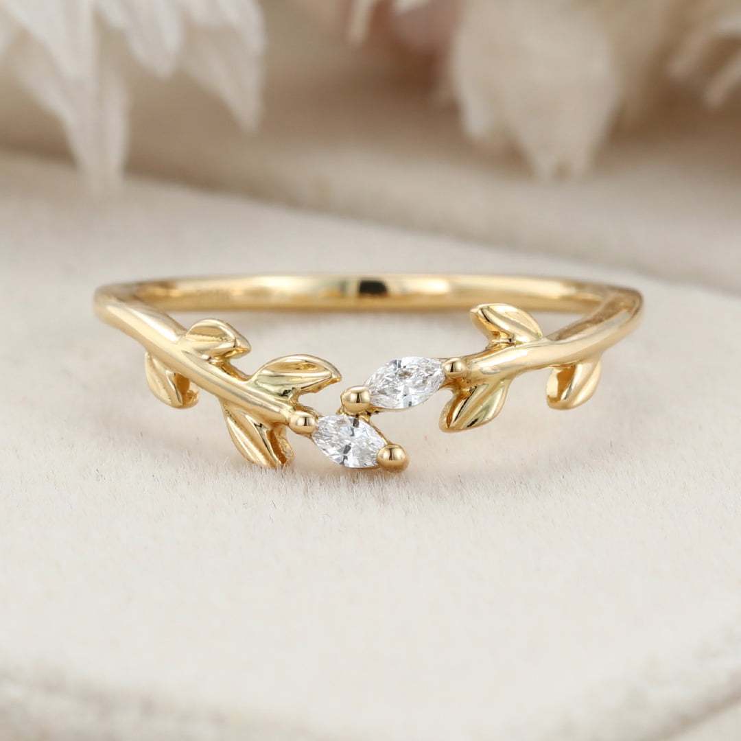 Unique yellow Gold wedding band Open wedding band Art deco marquise Moissanite diamond leaf Wedding ring Vintage promise Anniversary gift