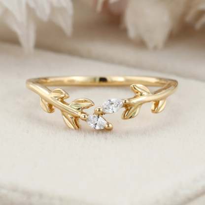 Unique yellow Gold wedding band Open wedding band Art deco marquise Moissanite diamond leaf Wedding ring Vintage promise Anniversary gift