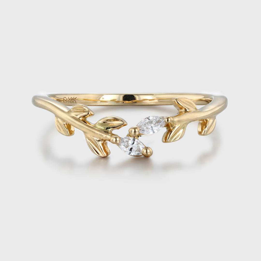Unique yellow Gold wedding band Open wedding band Art deco marquise Moissanite diamond leaf Wedding ring Vintage promise Anniversary gift