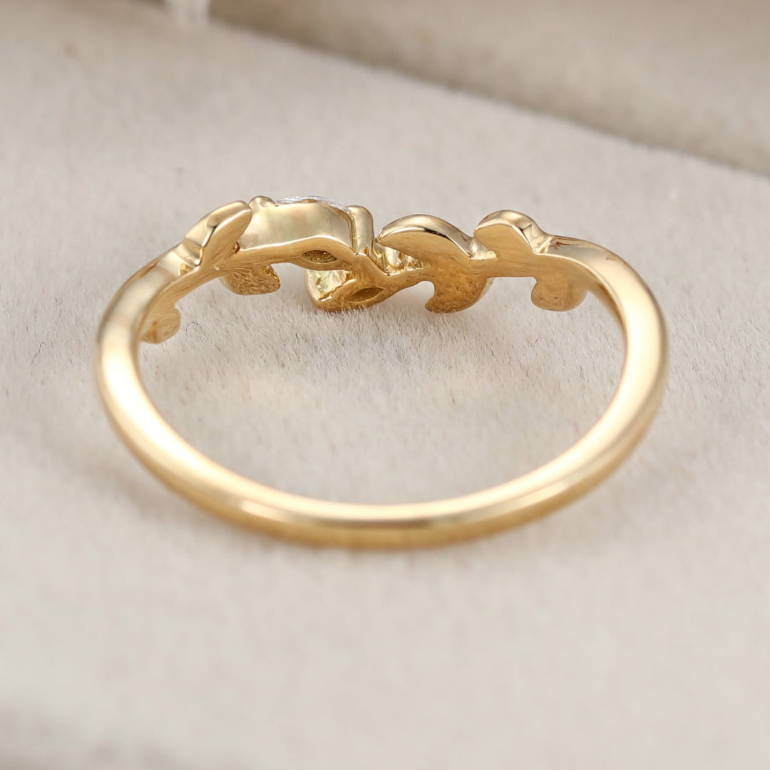 Unique yellow Gold wedding band Open wedding band Art deco marquise Moissanite diamond leaf Wedding ring Vintage promise Anniversary gift