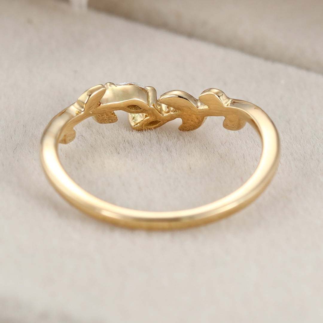 Unique yellow Gold wedding band Open wedding band Art deco marquise Moissanite diamond leaf Wedding ring Vintage promise Anniversary gift