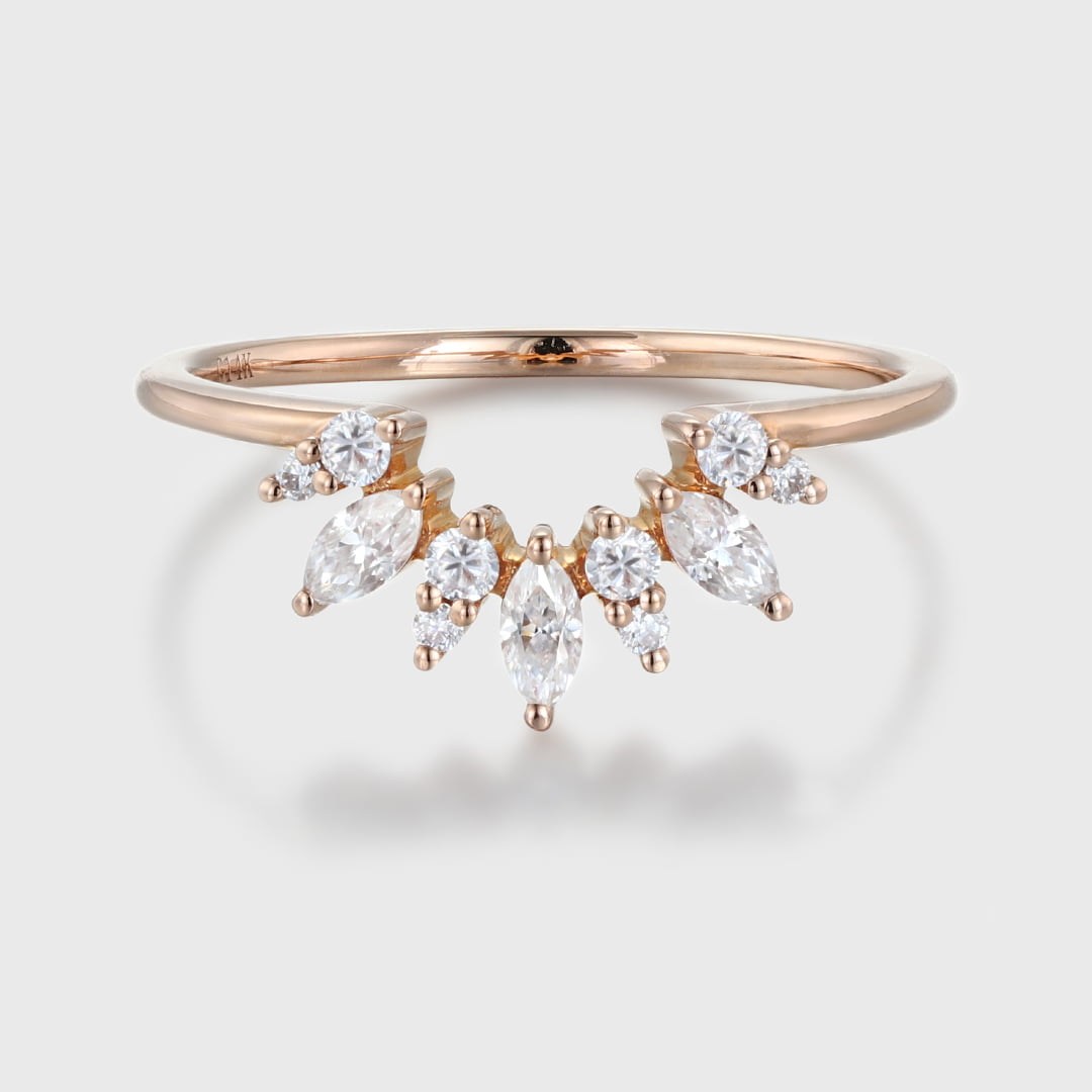 Vintage 14K Rose Gold Diamond Band Bridal Ring Marquise Unique Curved Wedding Ring