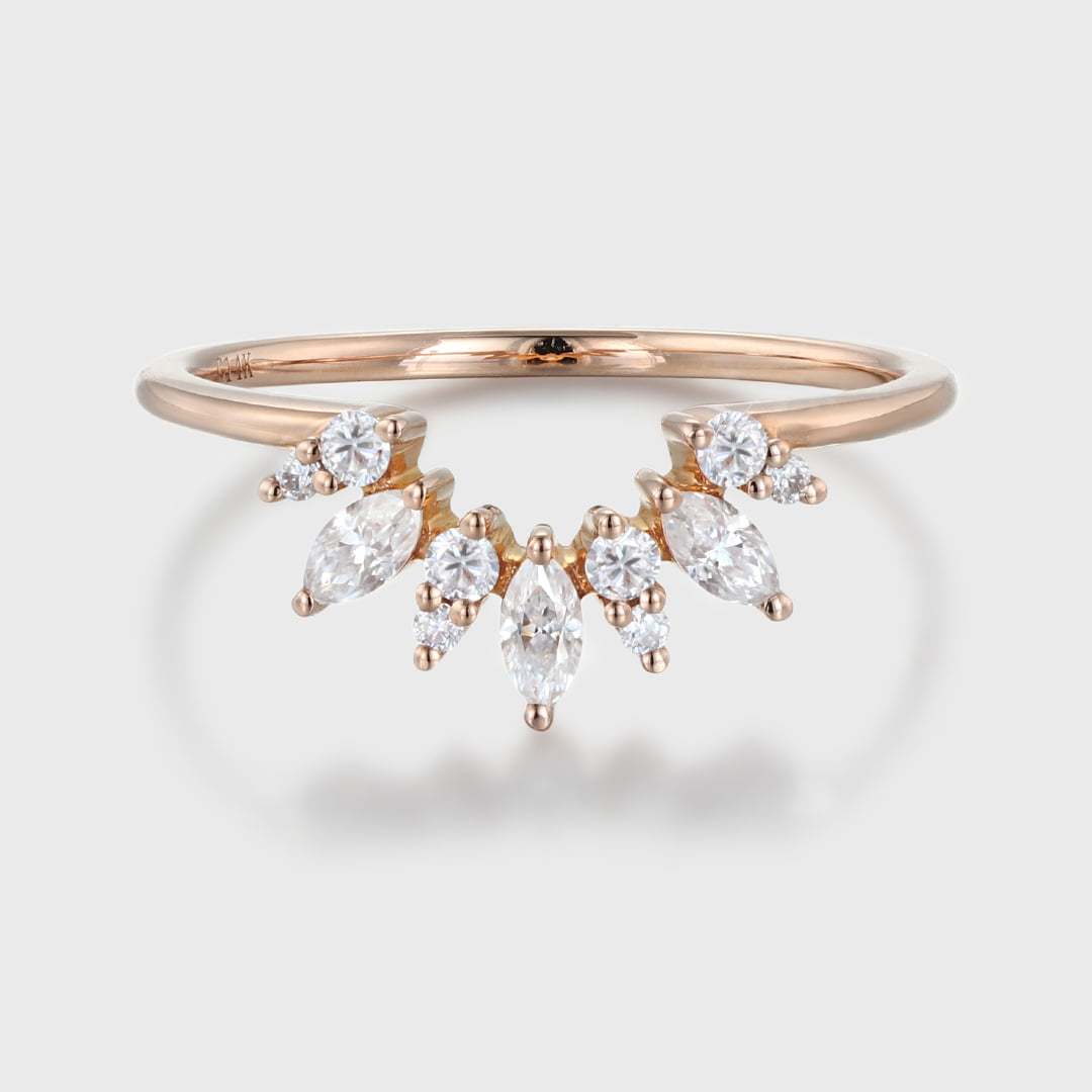 Vintage 14K Rose Gold Diamond Band Bridal Ring Marquise Unique Curved Wedding Ring