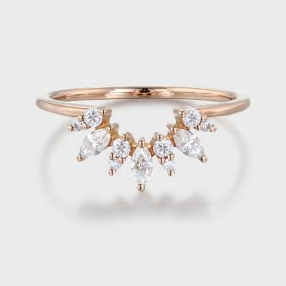 Vintage 14K Rose Gold Diamond Band Bridal Ring Marquise Unique Curved Wedding Ring