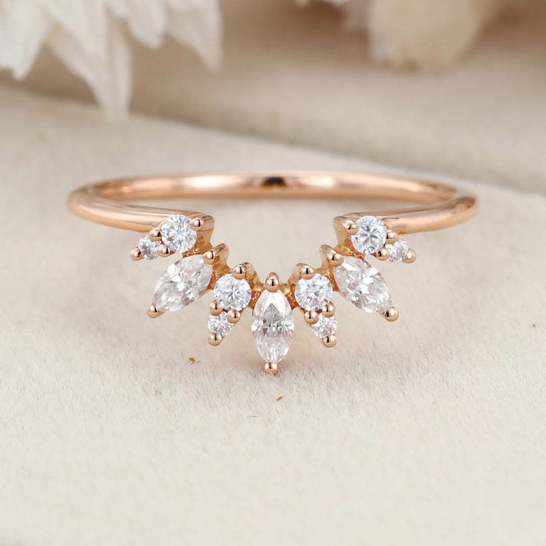 Vintage 14K Rose Gold Diamond Band Bridal Ring Marquise Unique Curved Wedding Ring