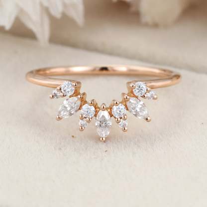 Vintage 14K Rose Gold Diamond Band Bridal Ring Marquise Unique Curved Wedding Ring