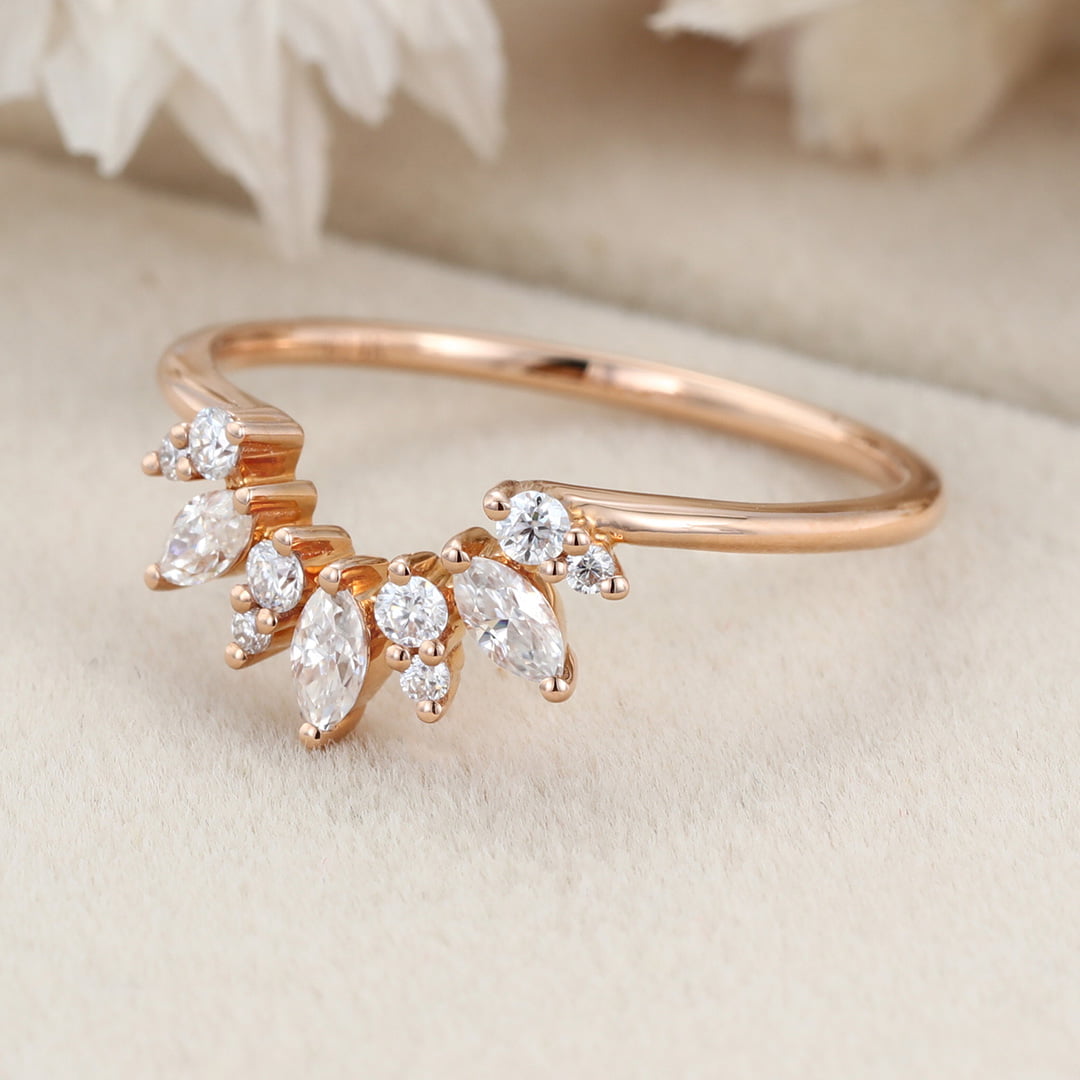 Vintage 14K Rose Gold Diamond Band Bridal Ring Marquise Unique Curved Wedding Ring
