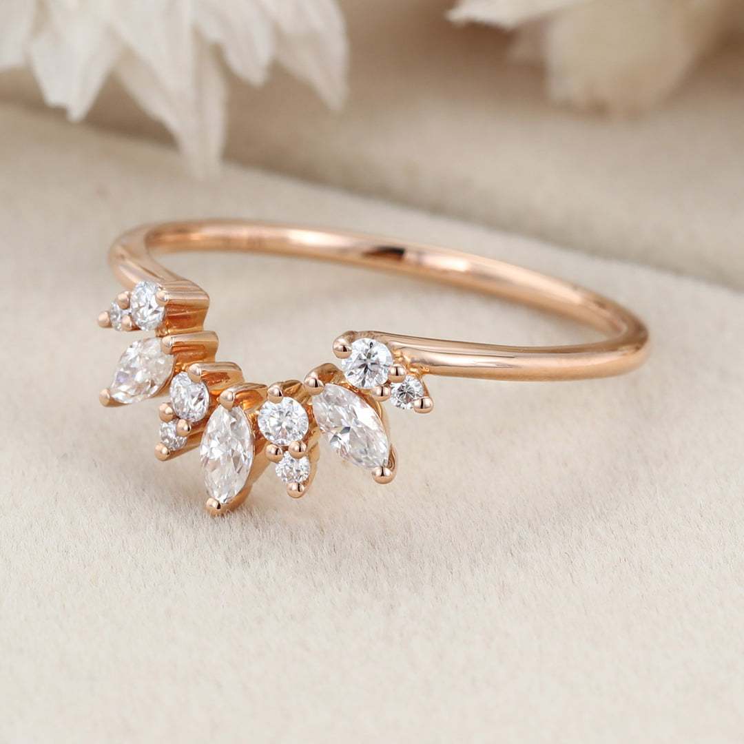 Vintage 14K Rose Gold Diamond Band Bridal Ring Marquise Unique Curved Wedding Ring