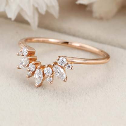 Vintage 14K Rose Gold Diamond Band Bridal Ring Marquise Unique Curved Wedding Ring