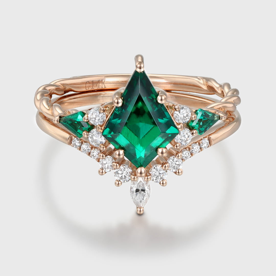 Vintage 14K Rose Gold Ring Kite Cut Lab Emerald Engagement Ring