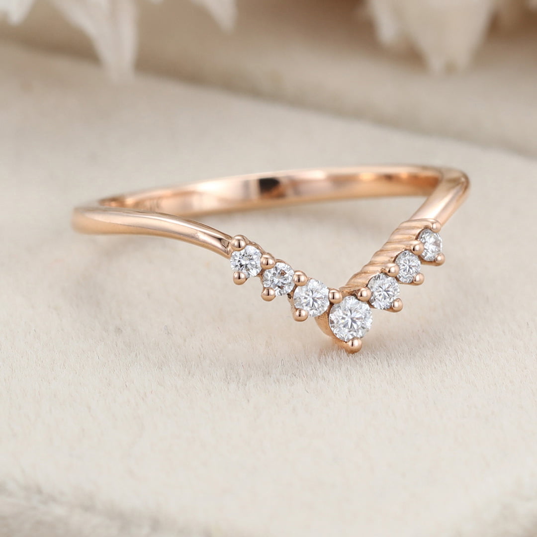 Vintage 14K Rose Gold Wedding Band Curve Matching Wedding Band Diamond Stacking Ring