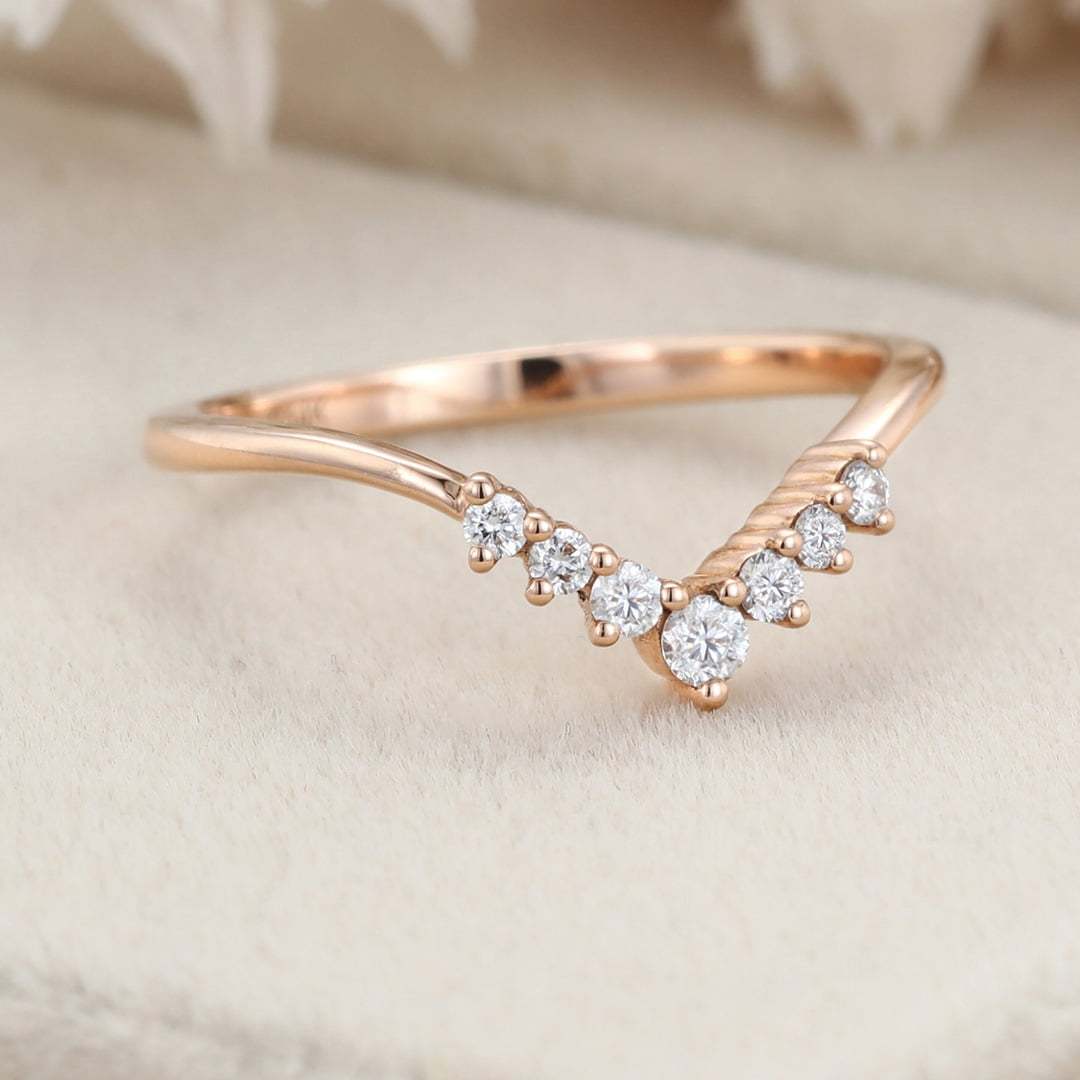 Vintage 14K Rose Gold Wedding Band Curve Matching Wedding Band Diamond Stacking Ring