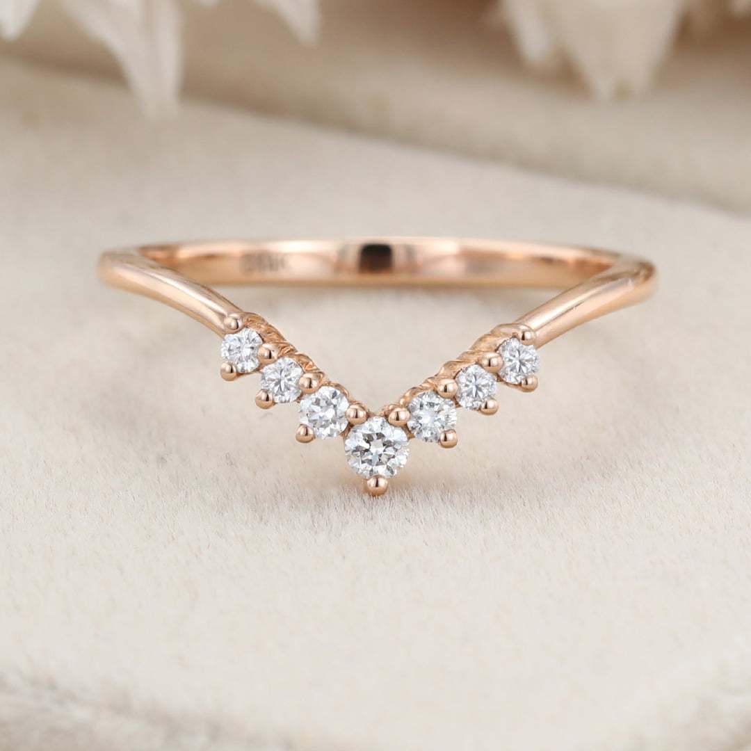 Vintage 14K Rose Gold Wedding Band Curve Matching Wedding Band Diamond Stacking Ring