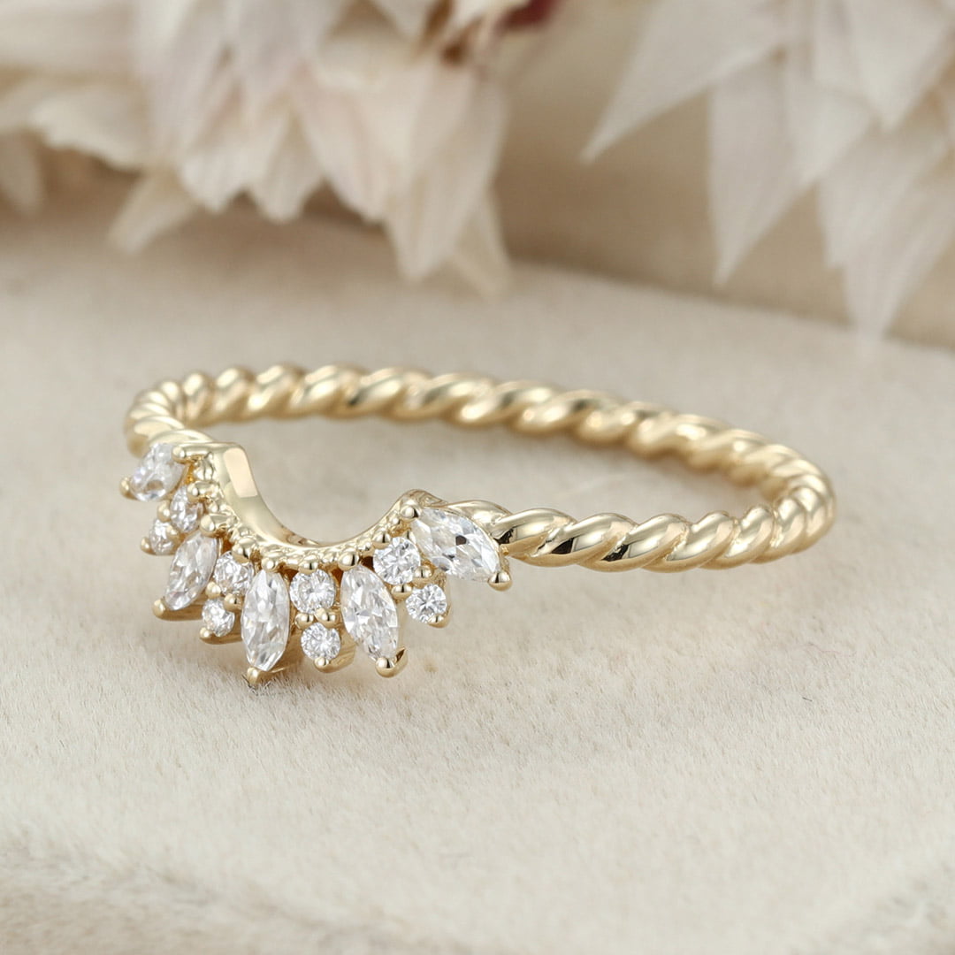 Vintage 14K Solid Gold Moissanite Wedding Band Rose Gold Diamond Curved Twist Wedding Ring Anniversary Gift