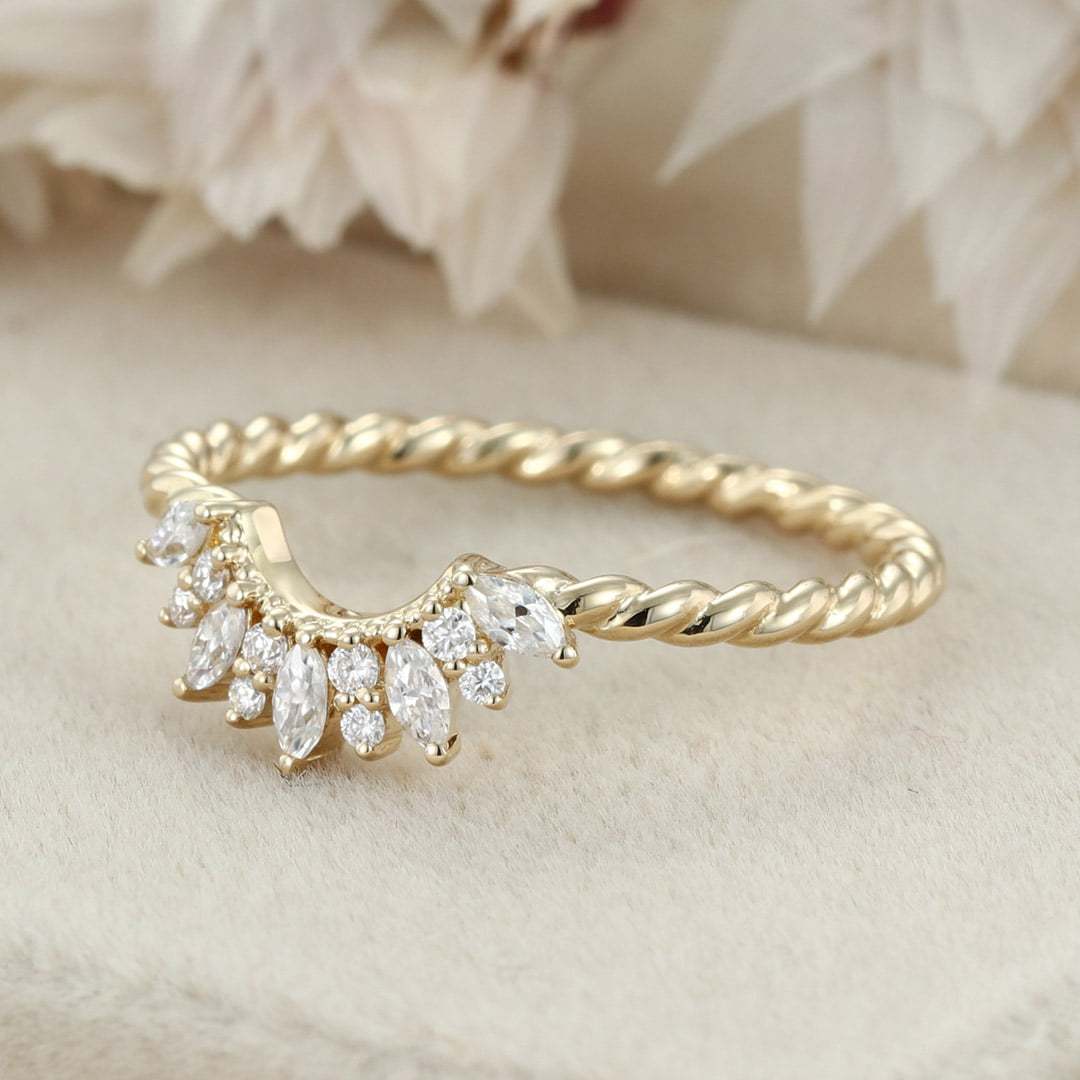 Vintage 14K Solid Gold Moissanite Wedding Band Rose Gold Diamond Curved Twist Wedding Ring Anniversary Gift