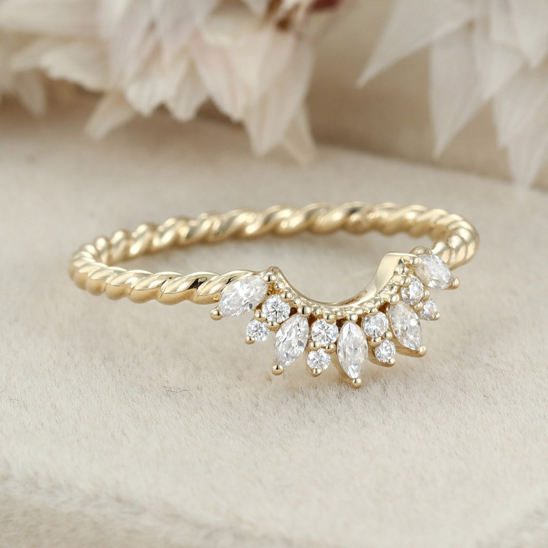 Vintage 14K Solid Gold Moissanite Wedding Band Rose Gold Diamond Curved Twist Wedding Ring Anniversary Gift