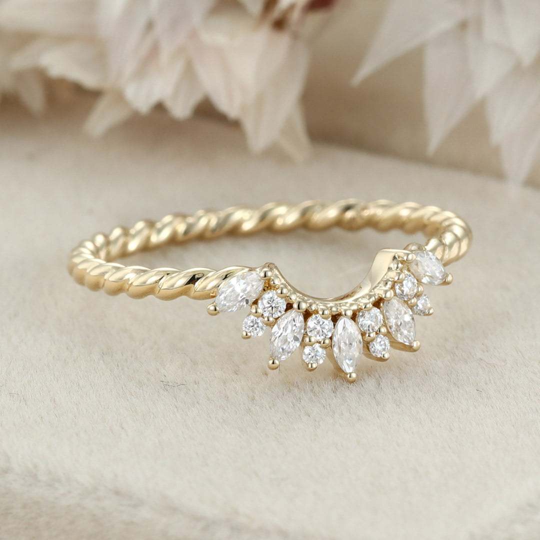 Vintage 14K Solid Gold Moissanite Wedding Band Rose Gold Diamond Curved Twist Wedding Ring Anniversary Gift