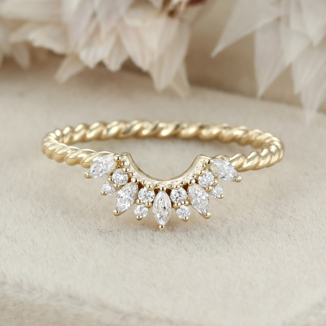 Vintage 14K Solid Gold Moissanite Wedding Band Rose Gold Diamond Curved Twist Wedding Ring Anniversary Gift