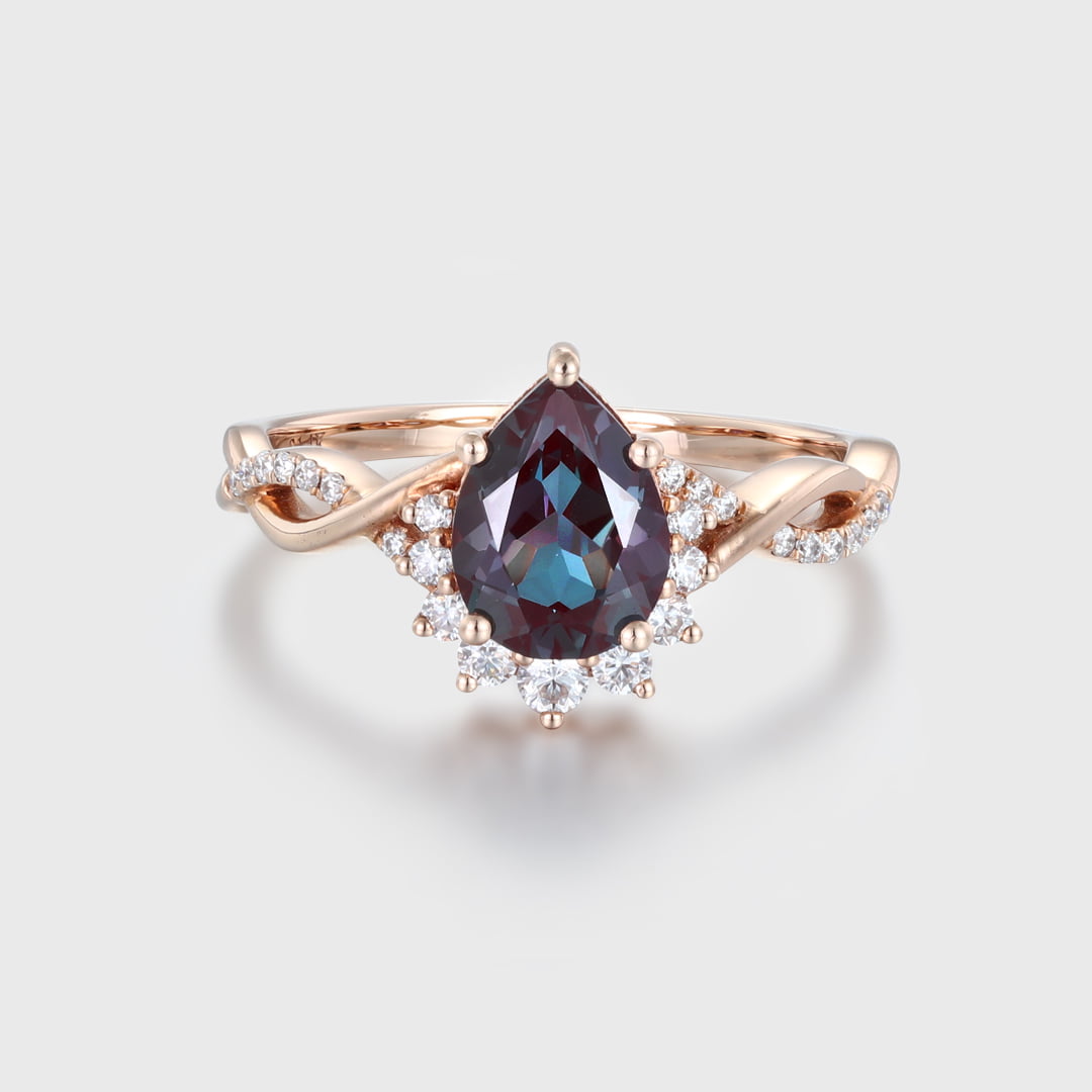 10x7mm Pear shaped Alexandrite Twist Art Deco Engagement Ring In 14K Rose Gold