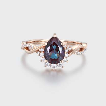 10x7mm Pear shaped Alexandrite Twist Art Deco Engagement Ring In 14K Rose Gold
