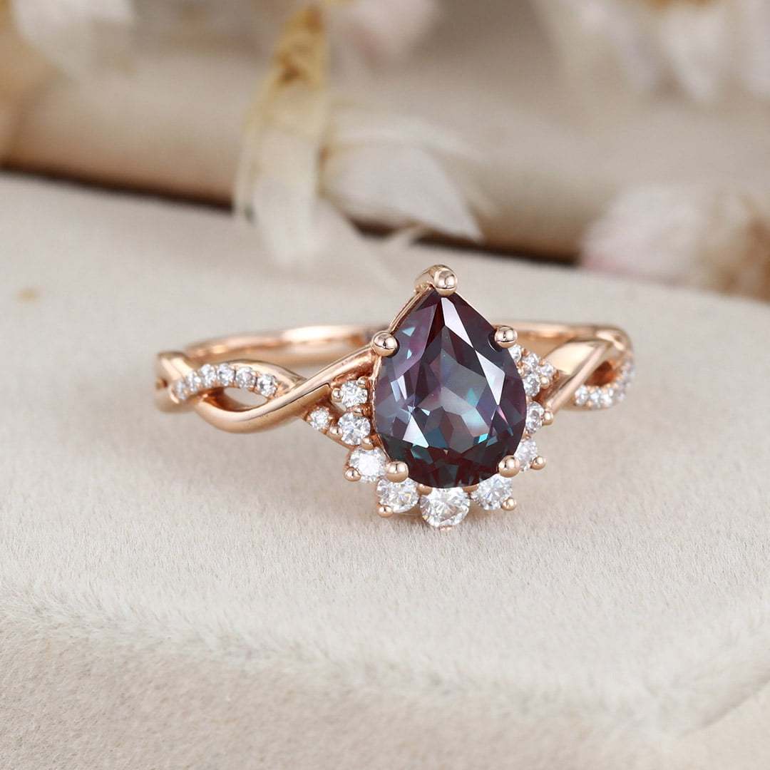 Vintage Alexandrite engagement ring Pear shaped engagement ring Rose gold engagement ring twist art deco wedding ring Bridal ring for women