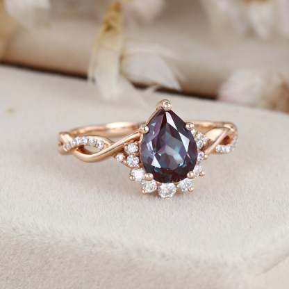 Vintage Alexandrite engagement ring Pear shaped engagement ring Rose gold engagement ring twist art deco wedding ring Bridal ring for women