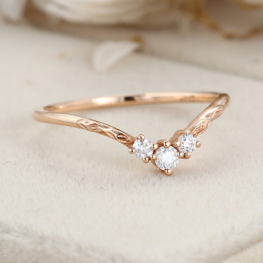 Vintage Art deco Rose gold wedding band Unique Moissanite wedding band Curved wedding ring matching band Bridal promise Anniversary band