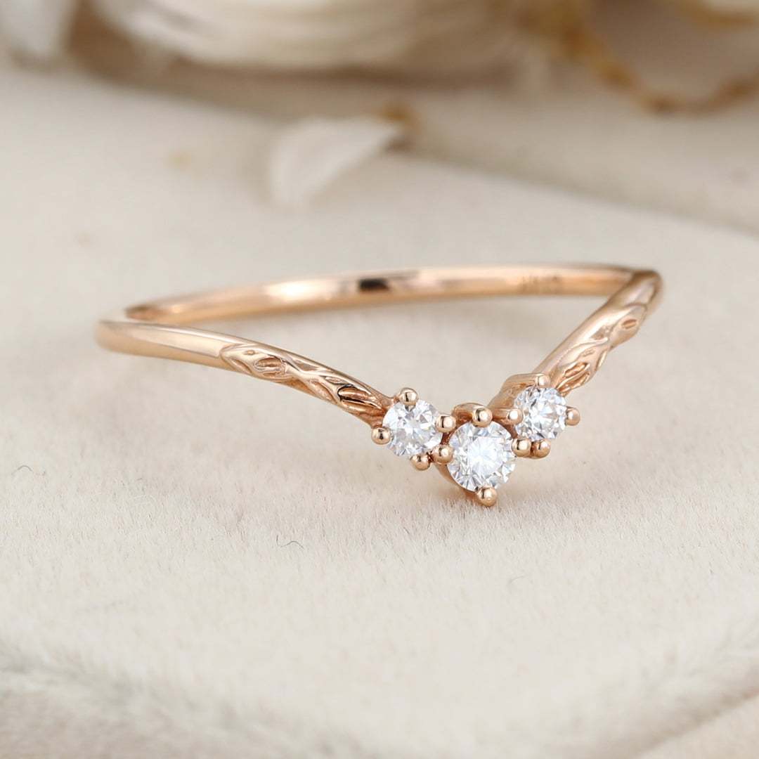 Vintage Art deco Rose gold wedding band Unique Moissanite wedding band Curved wedding ring matching band Bridal promise Anniversary band