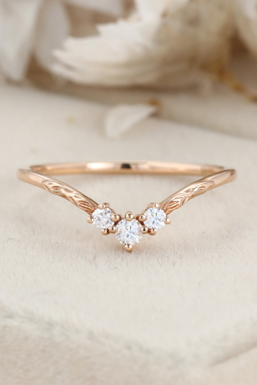 Vintage Art deco Rose gold wedding band Unique Moissanite wedding band Curved wedding ring matching band Bridal promise Anniversary band