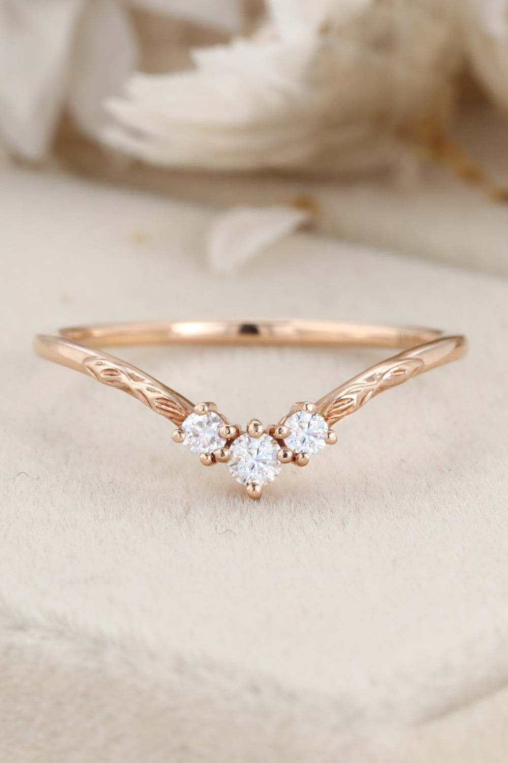 Vintage Art deco Rose gold wedding band Unique Moissanite wedding band Curved wedding ring matching band Bridal promise Anniversary band