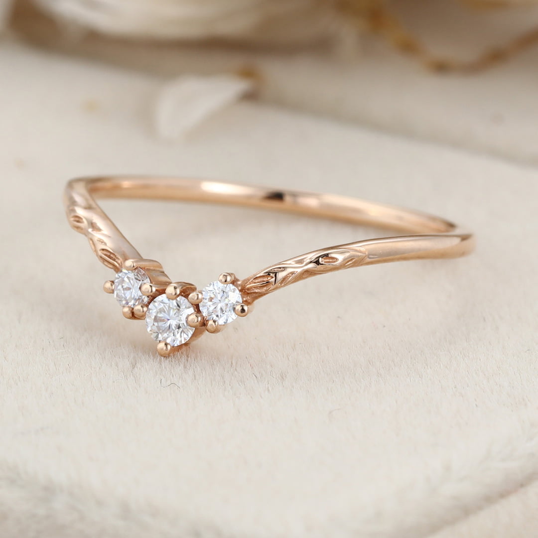Vintage Art deco Rose gold wedding band Unique Moissanite wedding band Curved wedding ring matching band Bridal promise Anniversary band