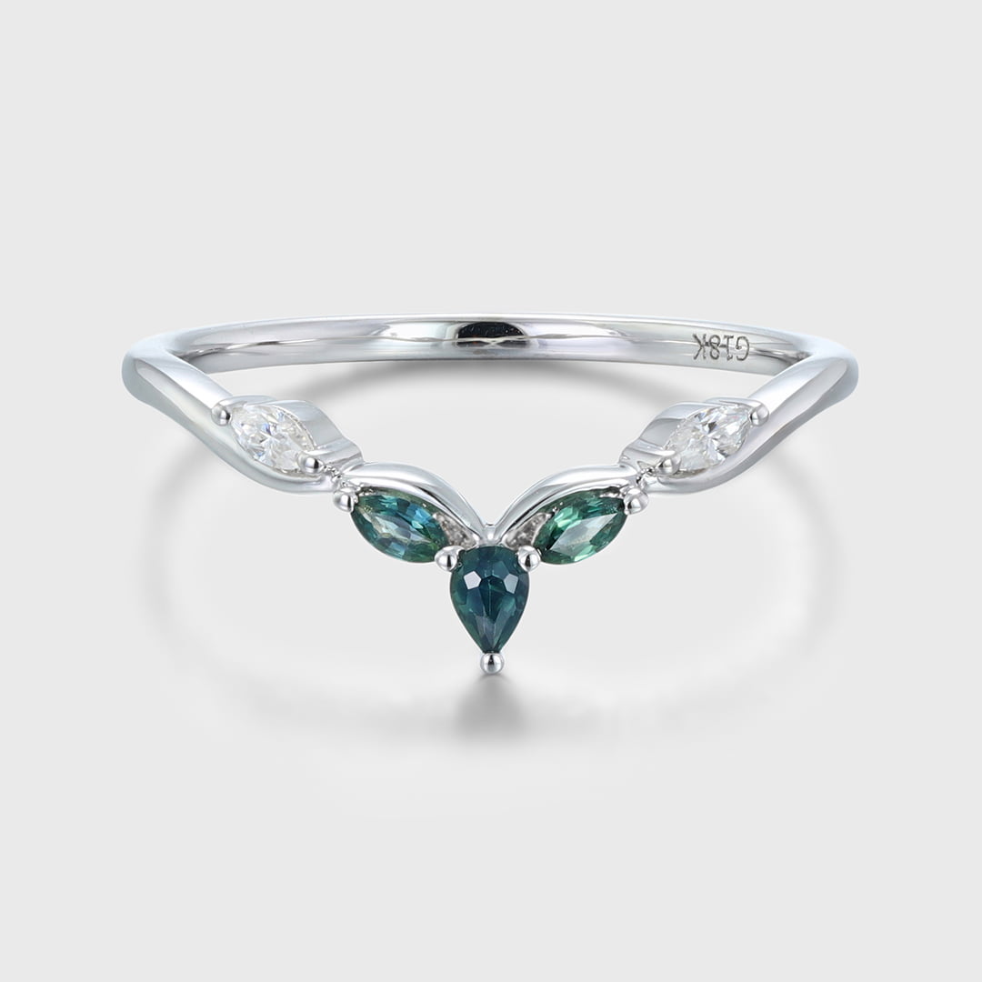 Vintage Blue Breen Sapphire Wedding Band Unique White Gold Marquise Curved Wedding Ring