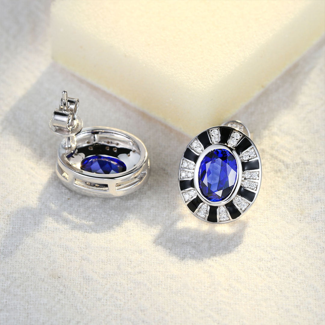Vintage Design Oval Cut Lab-Grown Sapphire Earrings Unique Art Decorate 14K White Gold Earrings