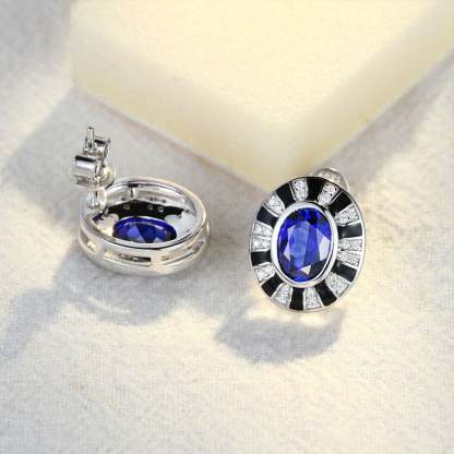 Vintage Design Oval Cut Lab-Grown Sapphire Earrings Unique Art Decorate 14K White Gold Earrings