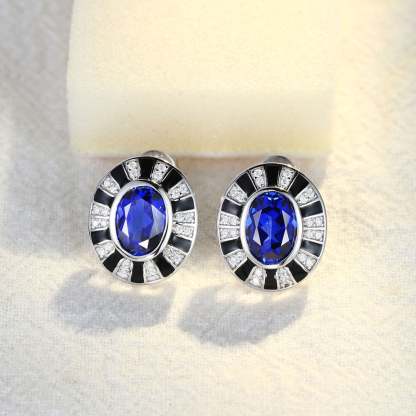 Vintage Design Oval Cut Lab-Grown Sapphire Earrings Unique Art Decorate 14K White Gold Earrings