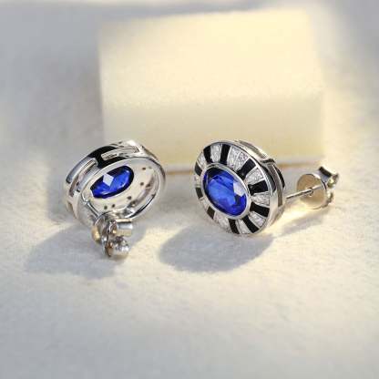 Vintage Design Oval Cut Lab-Grown Sapphire Earrings Unique Art Decorate 14K White Gold Earrings
